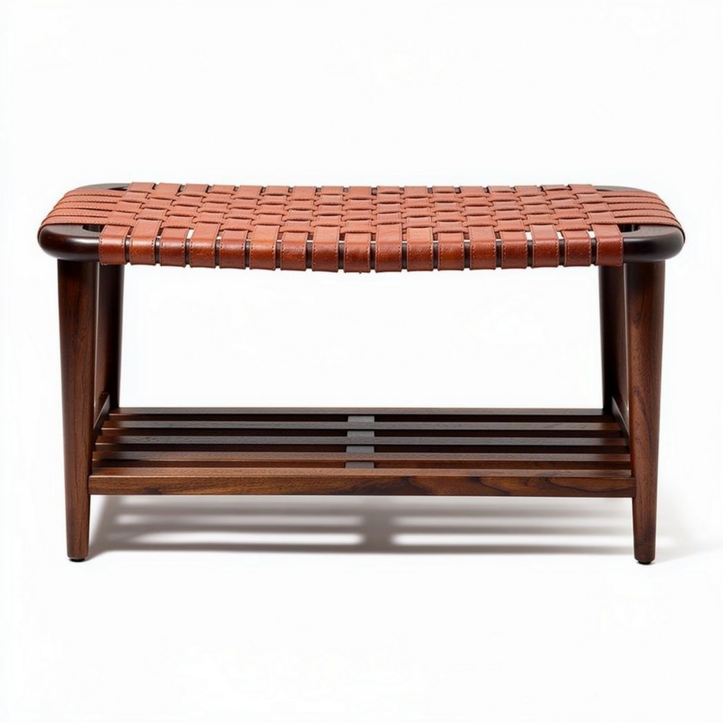 Houten kruk met lederen zitting voor de hal - 100 x 45 x 40cm