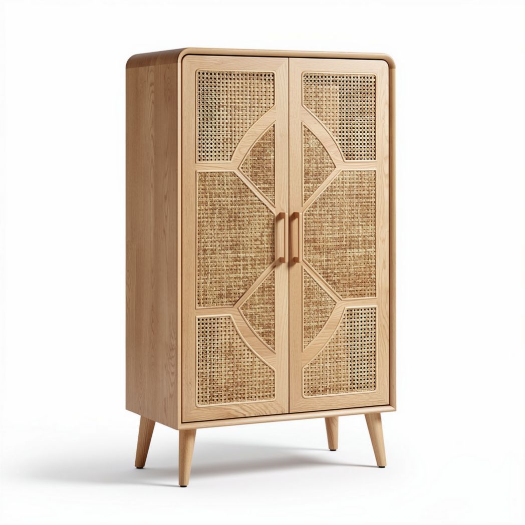 Kast van hout met rieten deurpanelen voor de woonruimte - 80 x 40 x 150cm